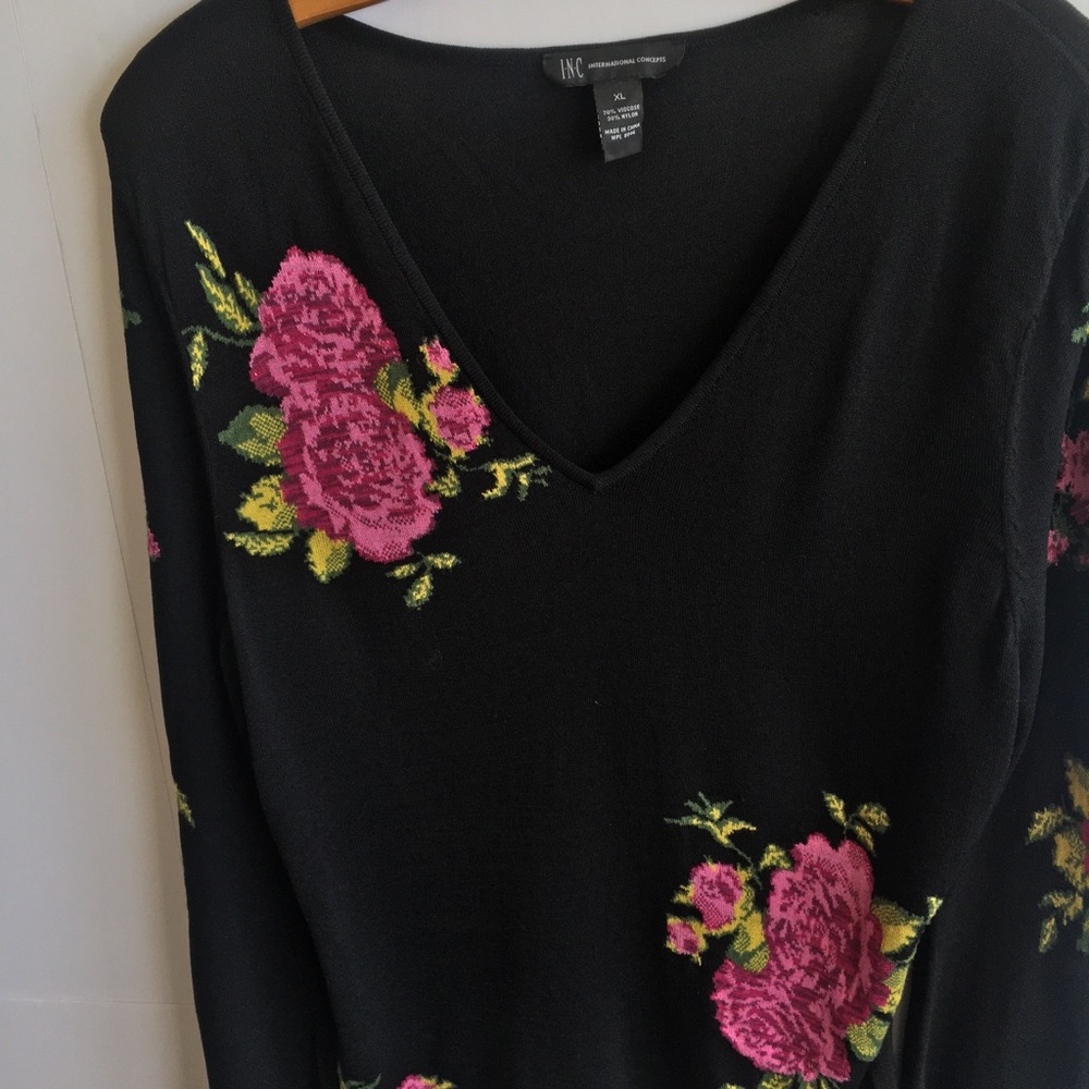INC  Dramatic Sleeves Black V-Neck Sweater Pink Rose Embroidery - Picture 6 of 13